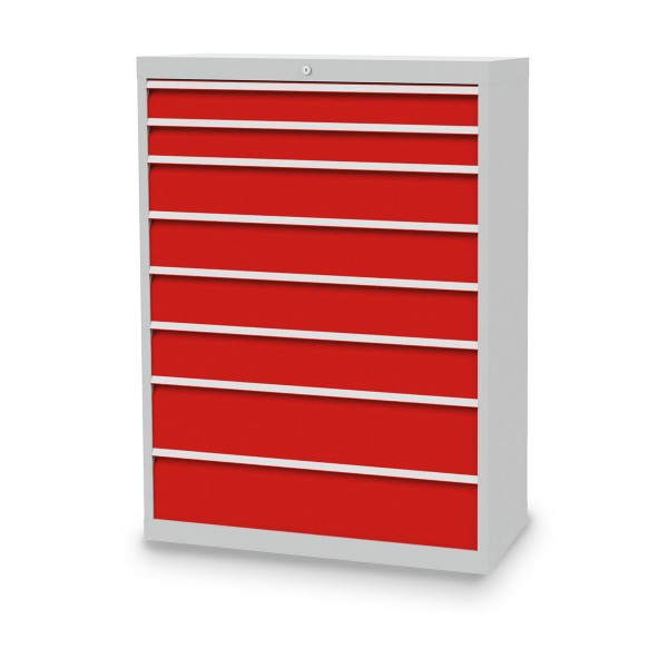 Drawer cabinet W 980 x D 500 x H 1319 mm with 8 drawers, body light grey RAL 7035, fronts traffic red RAL 3020