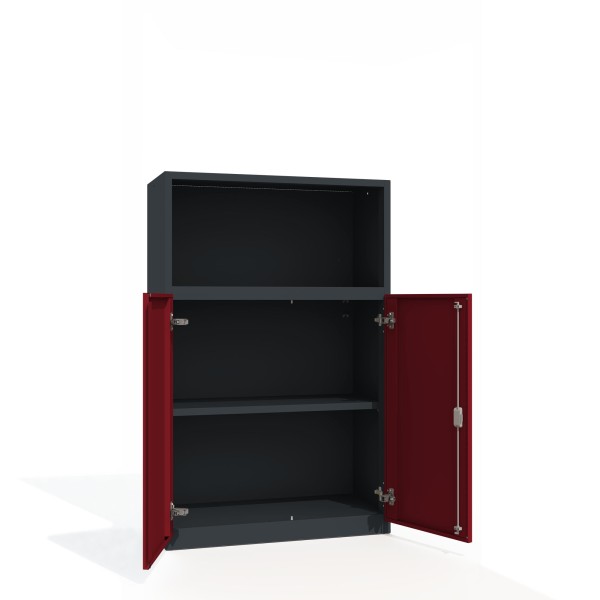 lockeel® office cabinet premium 3 shelves 1x open wing doors in anthracite gray with ruby red doors