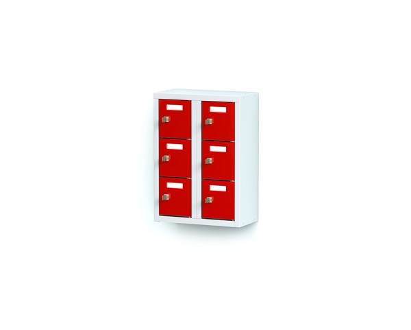 lockeel® mini locker 2x3 compartments with light grey body and fire red doors