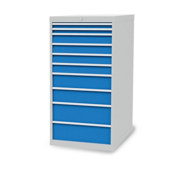 Drawer cabinet W 705 x D 736 x H 1319 mm with 10 drawers, body light grey RAL 7035, fronts light blue RAL 5012