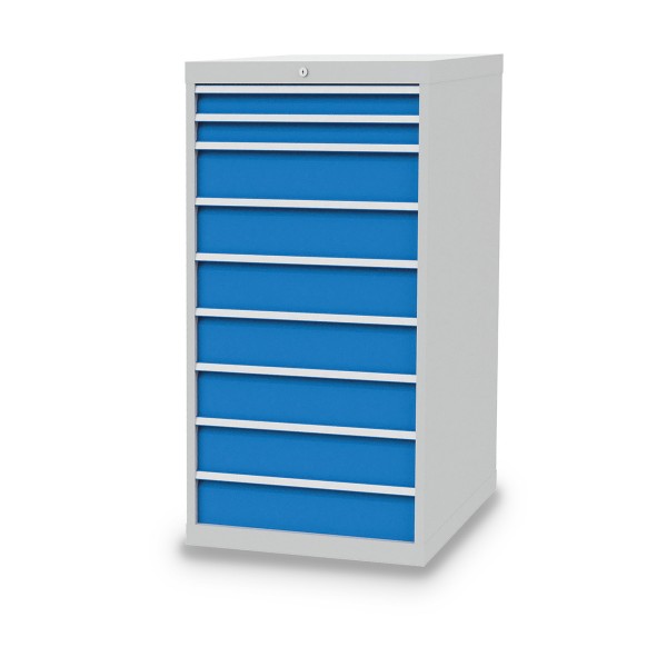 Drawer cabinet W705xD736xH1319 mm with 9 drawers, body light grey RAL 7035 / fronts light blue RAL 5012