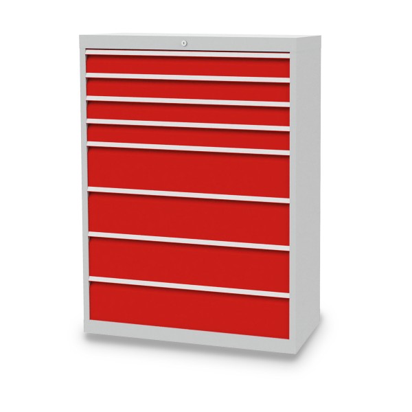 Drawer cabinet W 980 x D 500 x H 1319 mm with 8 drawers, body light grey RAL 7035, fronts traffic red RAL 3020