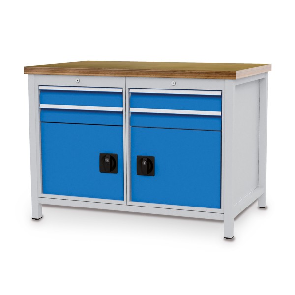 Box workbench W 1250 x D 750 x H 859 mm with 4 drawers and 2 doors