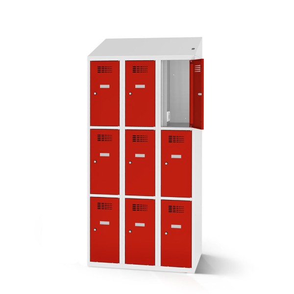 lockeel® compartment cupboard including loading function with 3x3 compartments in light grey and traffic red doors