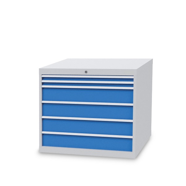 Drawer cabinet W 1005 x D 736 x H 819 mm with 6 drawers, body light grey RAL 7035, fronts light blue RAL 5012