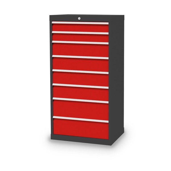 Drawer cabinet W 680 x D 500 x H 1319 mm with 8 drawers, body anthracite RAL 7016, fronts traffic red RAL 3020