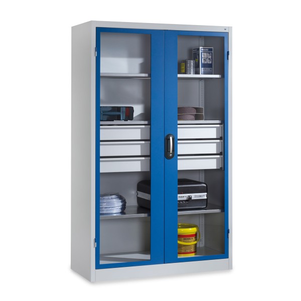 Hinged door cabinet with windows and central drawer block