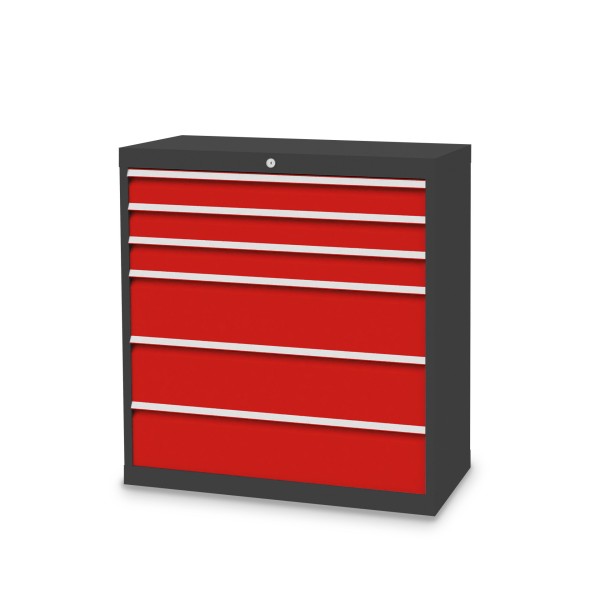 Drawer cabinet W 980 x D 500 x H 1019 mm with 6 drawers, body anthracite RAL 7016, fronts traffic red RAL 3020