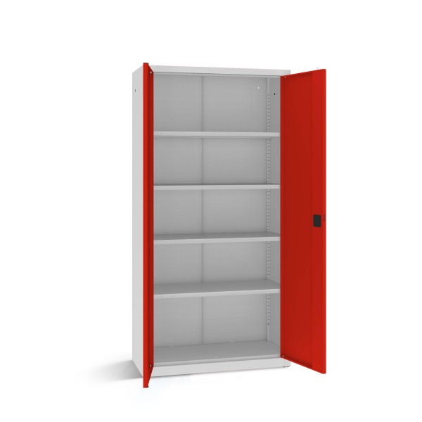 LOCKEEL® Büroschrank B 100 cm mit 4 Fachböden in Lichtgrau mit verkehrsroten geöffneten Türen
