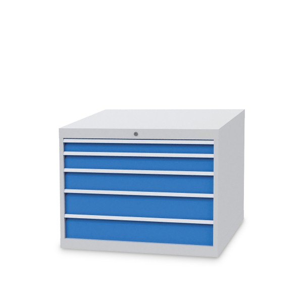 Drawer cabinet W 1005 x D 736 x H 719 mm with 5 drawers, body light grey RAL 7035, fronts light blue RAL 5012