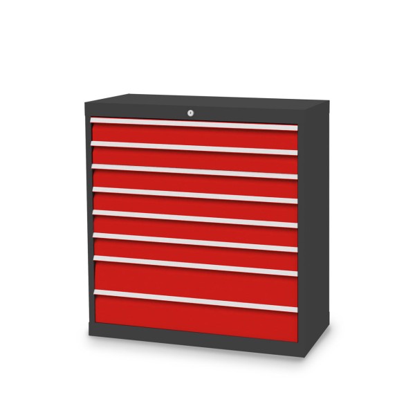 Drawer cabinet W 980 x D 500 x H 1019 mm with 8 drawers, body anthracite RAL 7016, fronts traffic red RAL 3020