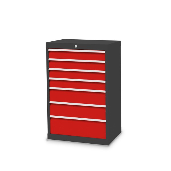 Drawer cabinet W 680 x D 500 x H 1019 mm with 7 drawers, body anthracite RAL 7016, fronts traffic red RAL 3020