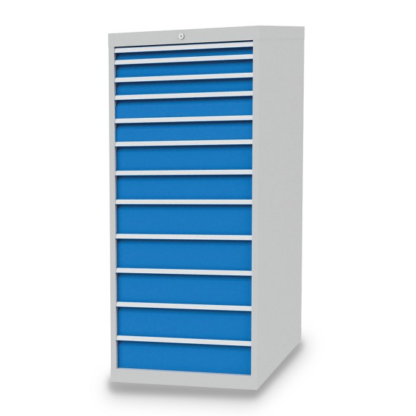 Drawer cabinet W705xD736xH1519 mm with 12 drawers, body light grey RAL 7035 / fronts light blue RAL 5012