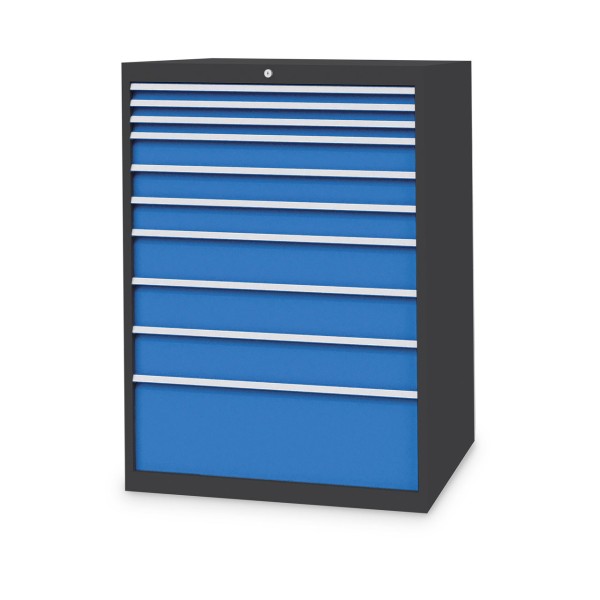 Drawer cabinet W1005xD736xH1319 mm with 10 drawers, body anthracite RAL 7016 / fronts light blue RAL 5012