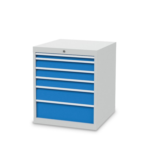 Drawer cabinet W 705 x D 736 x H 819 mm with 6 drawers, body light grey RAL 7035, fronts light blue RAL 5012