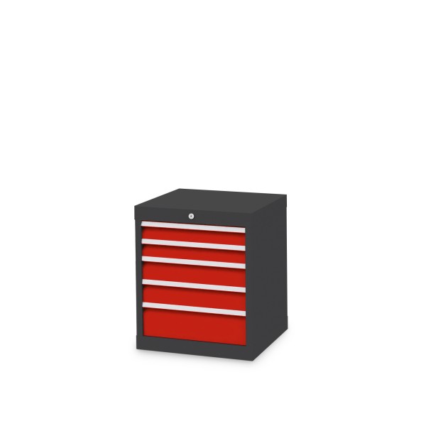 Drawer cabinet W 530 x D 500 x H 619 mm with 5 drawers, body anthracite RAL 7016, fronts traffic red RAL 3020