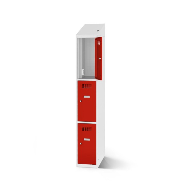 lockeel® compartment cupboard including loading function with 1x3 compartments in light grey and traffic red doors