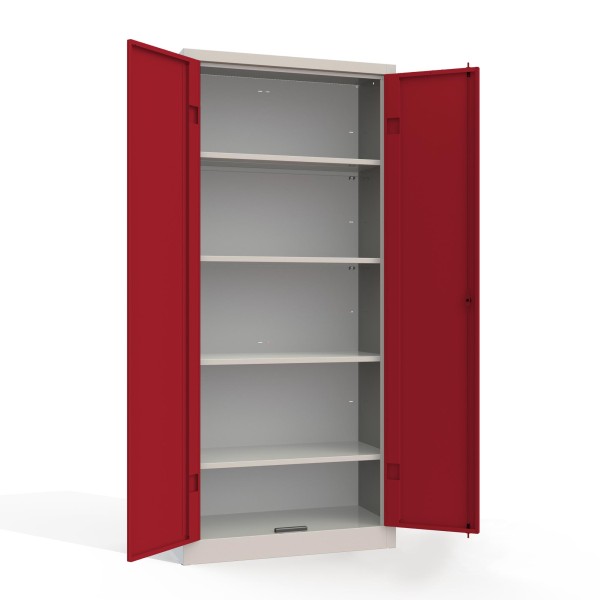 lockeel® double door cupboard with 4 shelves in light grey with ruby red doors