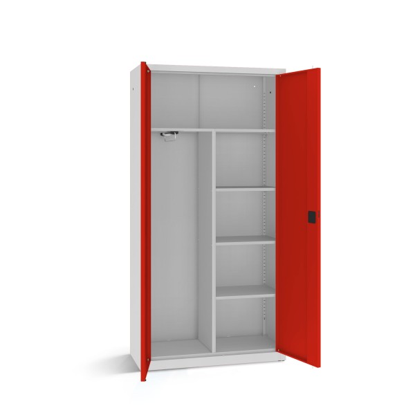 LOCKEEL® Büroschrank B 100 cm mit Fachböden und Kleiderstange in Lichtgrau mit verkehrsroten geöffneten Türen