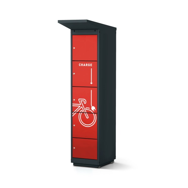 lockeel® e-bike charging station for outdoor use in anthracite grey with fire-red doors with foil plot