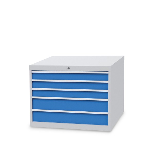 Drawer cabinet W 1005 x D 736 x H 719 mm with 5 drawers, body light grey RAL 7035, fronts light blue RAL 5012