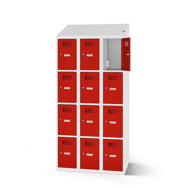 lockeel® compartment cupboard including loading function with 3x4 compartments in light grey and traffic red doors