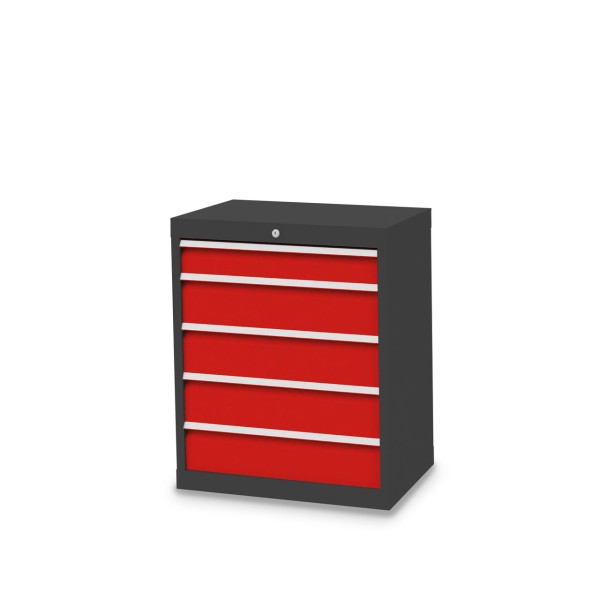 Drawer cabinet W 680 x D 500 x H 819 mm with 5 drawers, body anthracite RAL 7016, fronts traffic red RAL 3020