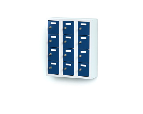 lockeel® mini locker 3x4 compartments with light grey body and gentian blue doors
