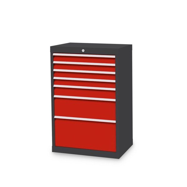 Drawer cabinet W 680 x D 500 x H 1019 mm with 7 drawers, body anthracite RAL 7016, fronts traffic red RAL 3020