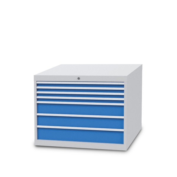 Drawer cabinet W 1005 x D 736 x H 719 mm with 7 drawers, body light grey RAL 7035, fronts light blue RAL 5012