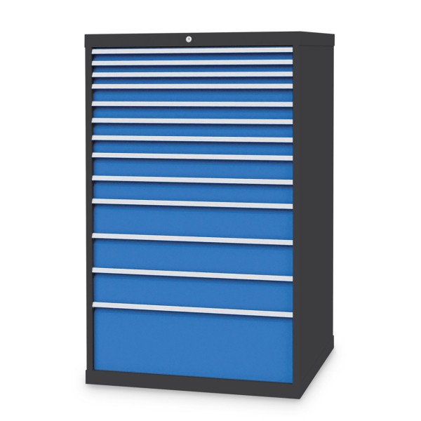 Drawer cabinet W1005xD736xH1519 mm with 13 drawers, body anthracite RAL 7016 / fronts light blue RAL 5012