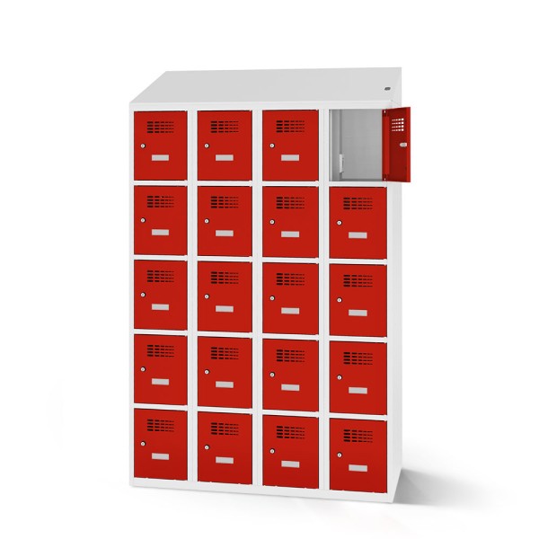 lockeel® compartment cupboard including loading function with 4x5 compartments in light grey and traffic red doors