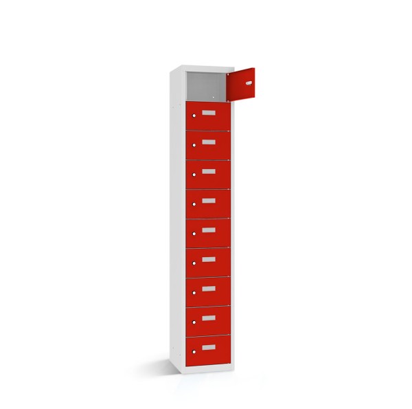 lockeel® safe for valuables 10 compartments with body in light grey and doors in traffic red