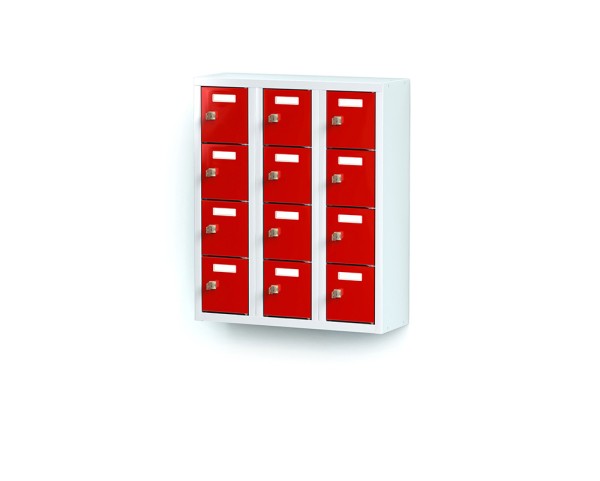 lockeel® mini locker 3x4 compartments with light grey body and fire red doors