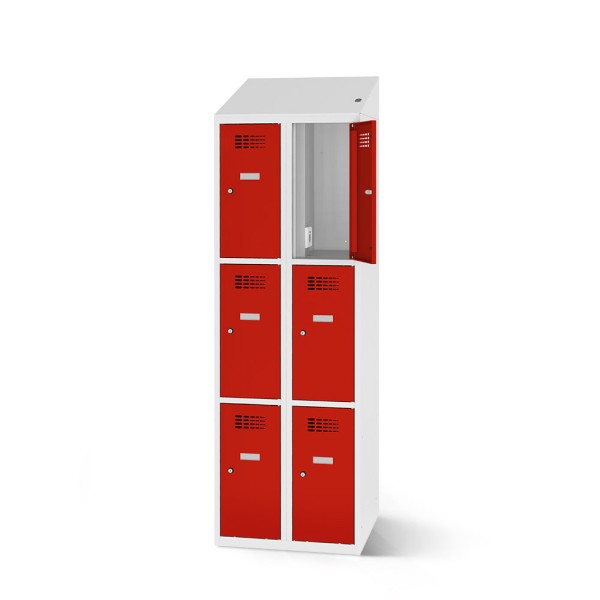 lockeel® compartment cupboard including loading function with 2x3 compartments in light grey and traffic red doors