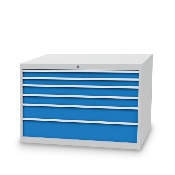 Drawer cabinet B1305xD736xH819 mm with 6 drawers, body light grey RAL 7035 / fronts light blue RAL 5012