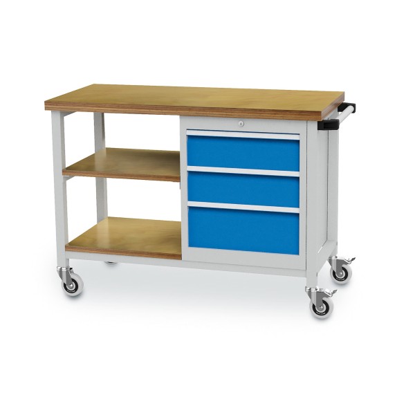 Mobile workbench W 1200 x D 540 x H 880 mm with 3 drawers and 2 shelves