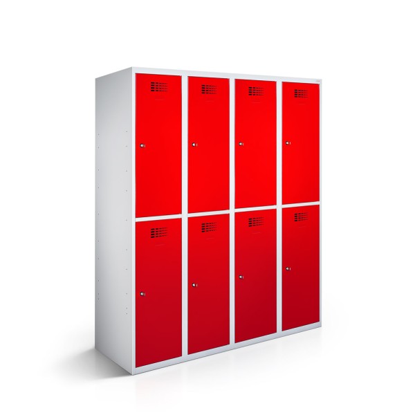 lockeel® Cloakroom locker 4 doors with body in light grey and doors in traffic red