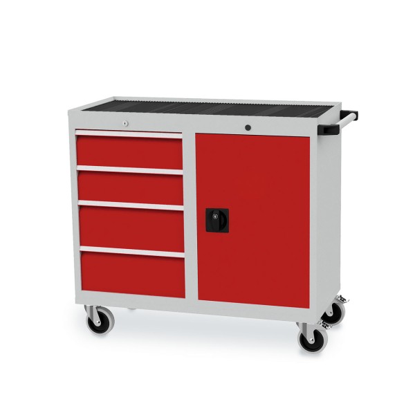 Mobile drawer cabinet with 4 drawers and 1 door, body light grey RAL 7035, fronts traffic red RAL 3020