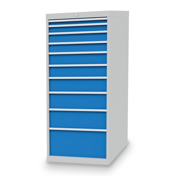 Drawer cabinet W705xD736xH1519 mm with 10 drawers, body light grey RAL 7035 / fronts light blue RAL 5012