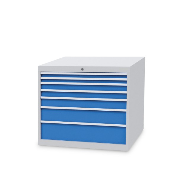 Drawer cabinet W 1005 x D 736 x H 819 mm with 7 drawers, body light grey RAL 7035, fronts light blue RAL 5012