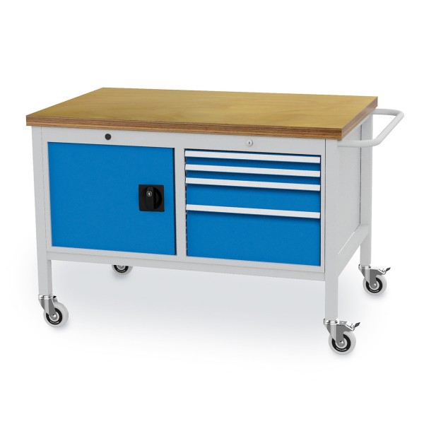 Mobile workbench W 1250 mm with 4 drawers and 1 door