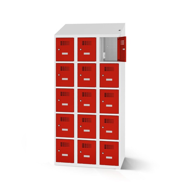 lockeel® compartment cupboard including loading function with 3x5 compartments in light grey and traffic red doors