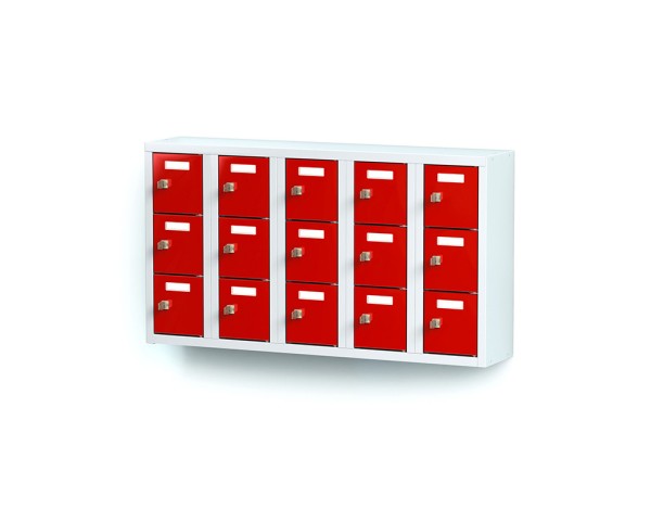 lockeel® mini locker 5x3 compartments with light grey body and fire red doors