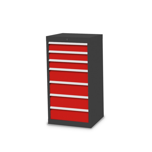 Drawer cabinet W 530 x D 500 x H 1019 mm with 7 drawers, body anthracite RAL 7016, fronts traffic red RAL 3020