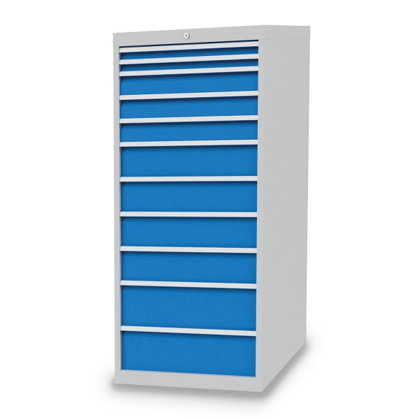 Drawer cabinet W705xD736xH1519 mm with 11 drawers, body light grey RAL 7035 / fronts light blue RAL 5012