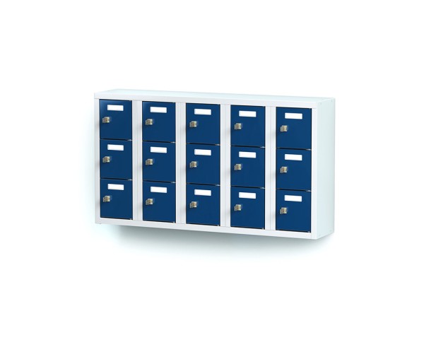 lockeel® mini locker 5x3 compartments with light grey body and gentian blue doors