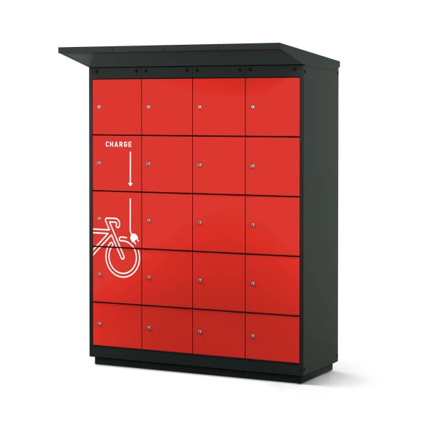 lockeel® e-bike charging station 16 doors  for outdoor use in anthracite grey with fire-red doors with foil plot