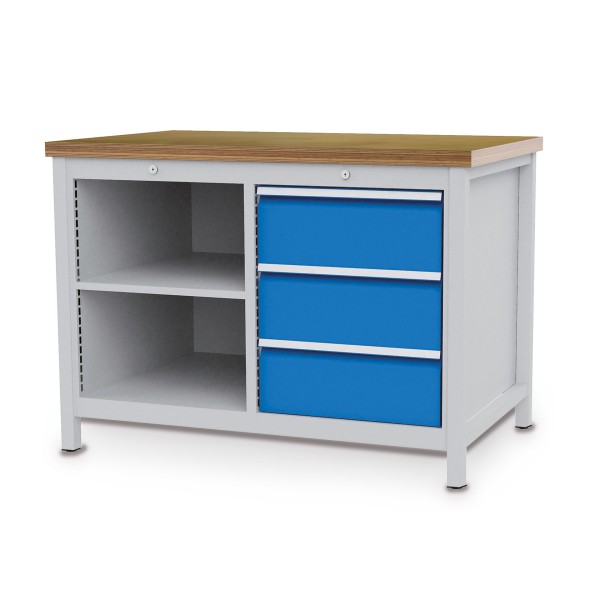 Box workbench W 1250 mm with 3 drawers and 2 shelves