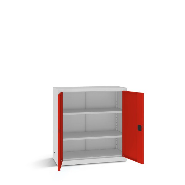 LOCKEEL® Büroschrank B 100 cm gekürzt mit Fachböden in Lichtgrau mit verkehrsroten geöffneten Türen